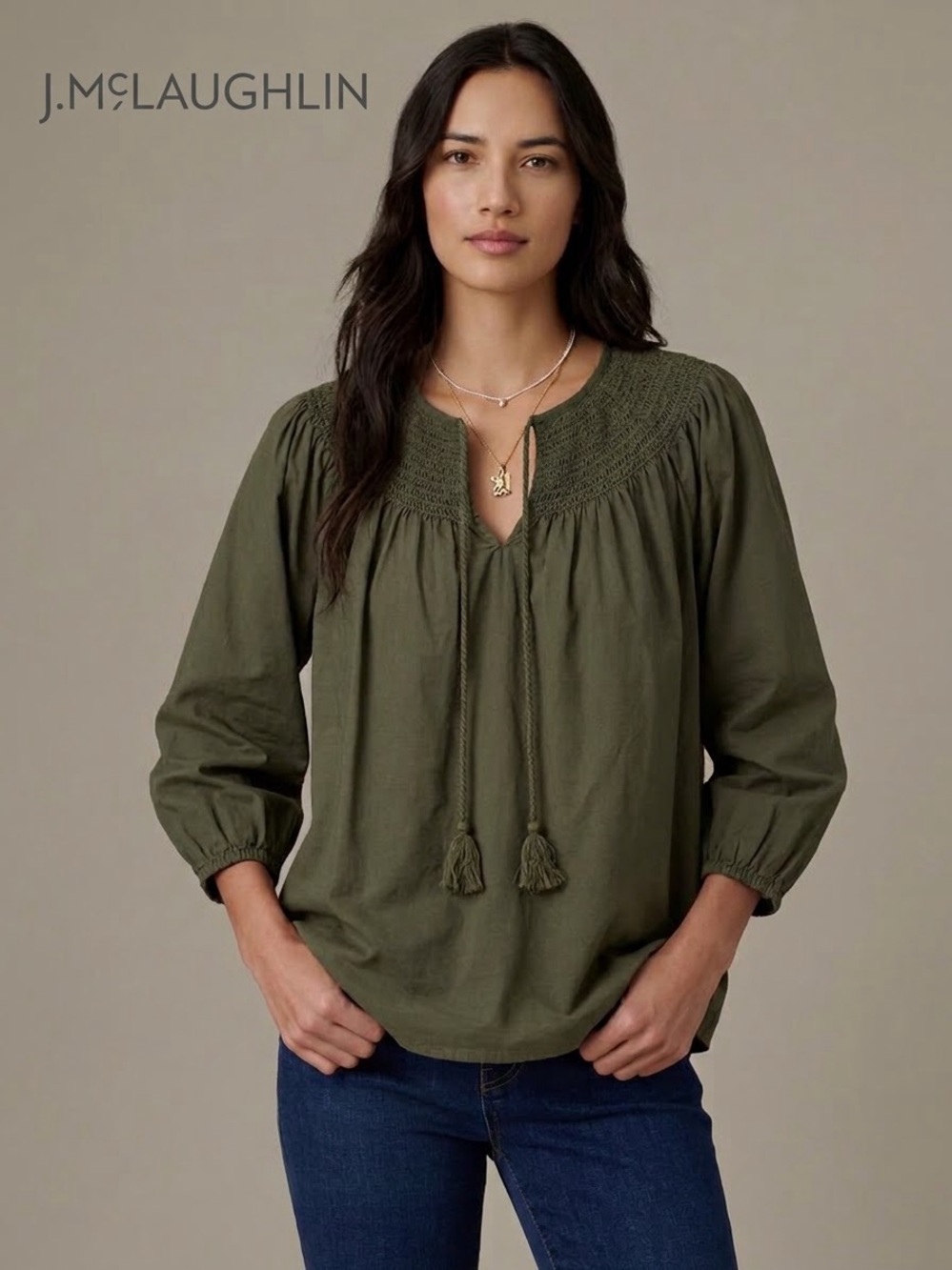 J. McLaughlin Olive Green Smocked Tassel Peasant Blouse Size S